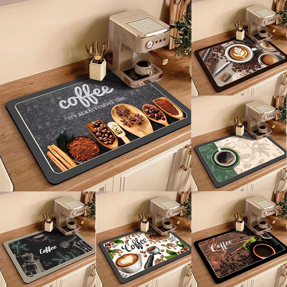 Realistic Coffee Themed Kitchen Drying Mat Non Slip Quick Dry Durable Mat For Counter Coffee Bar Sink Area Dish Drying Coffee