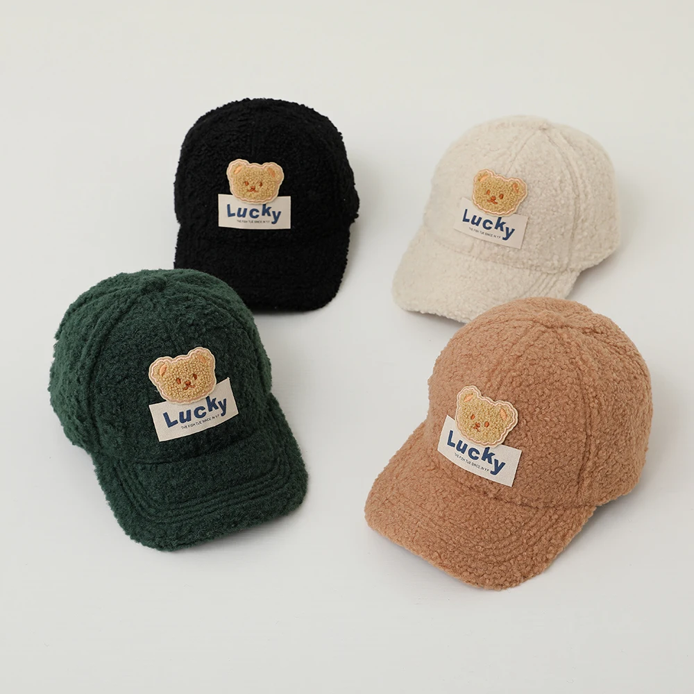 Winter Baseball Cap For Kids Girl Boy Adjustable LambWool Cartoon Bear Cute Hat Warm Snapback Outdoor Baby Hat Children 4-8Years