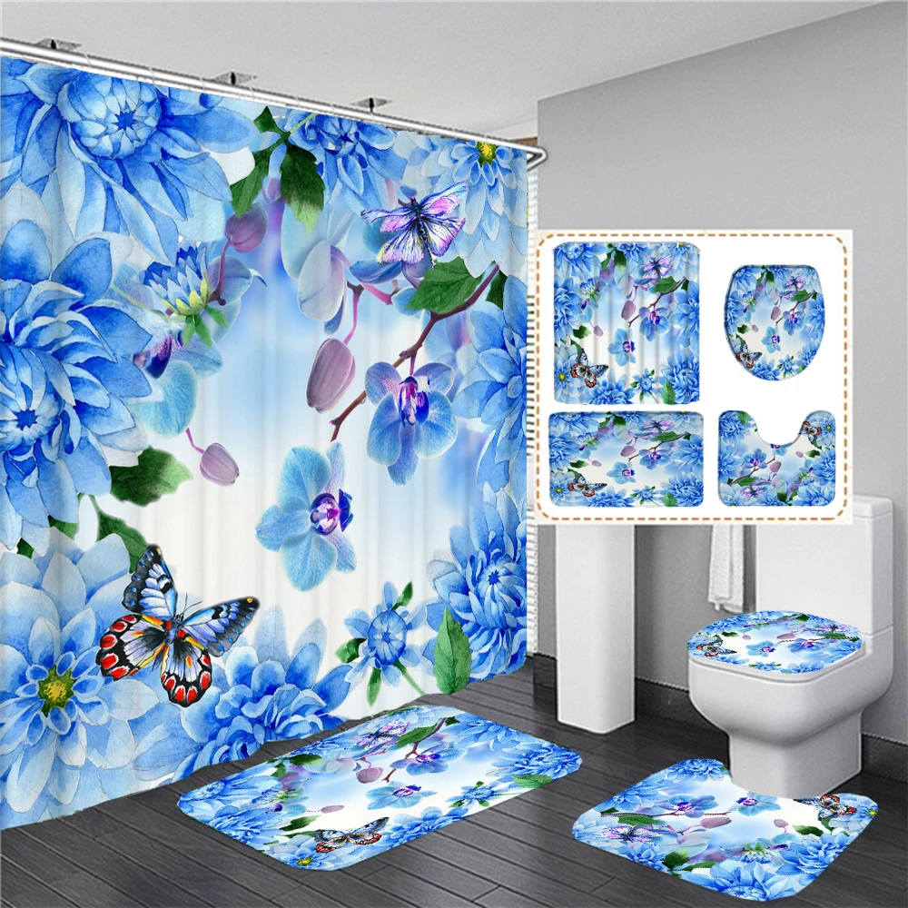 

180*180cm Colorful Flowers Fabric Bathroom Curtains Non-Slip Rug Toilet Lid Cover Butterfly Shower Curtain Set Bath Mats Rugs