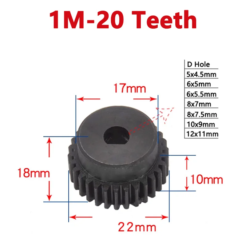 

1pc 20 Teeth 1M Spur Gear with Step 1 Module 20T 45# Steel Metal Motor Gear D Hole 5x4.5/6x5/6x5.5/8x7/8x7.5/10x9/12x11mm