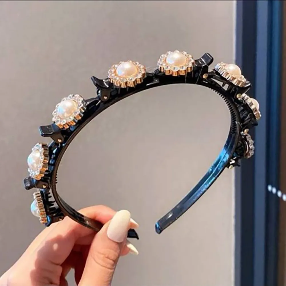 

Rhinestone Lazy Girls Hair Braider Hair Hoops Pearl Flower Braided Tools Hairband Elegant Headwear Hair Toothed Headband