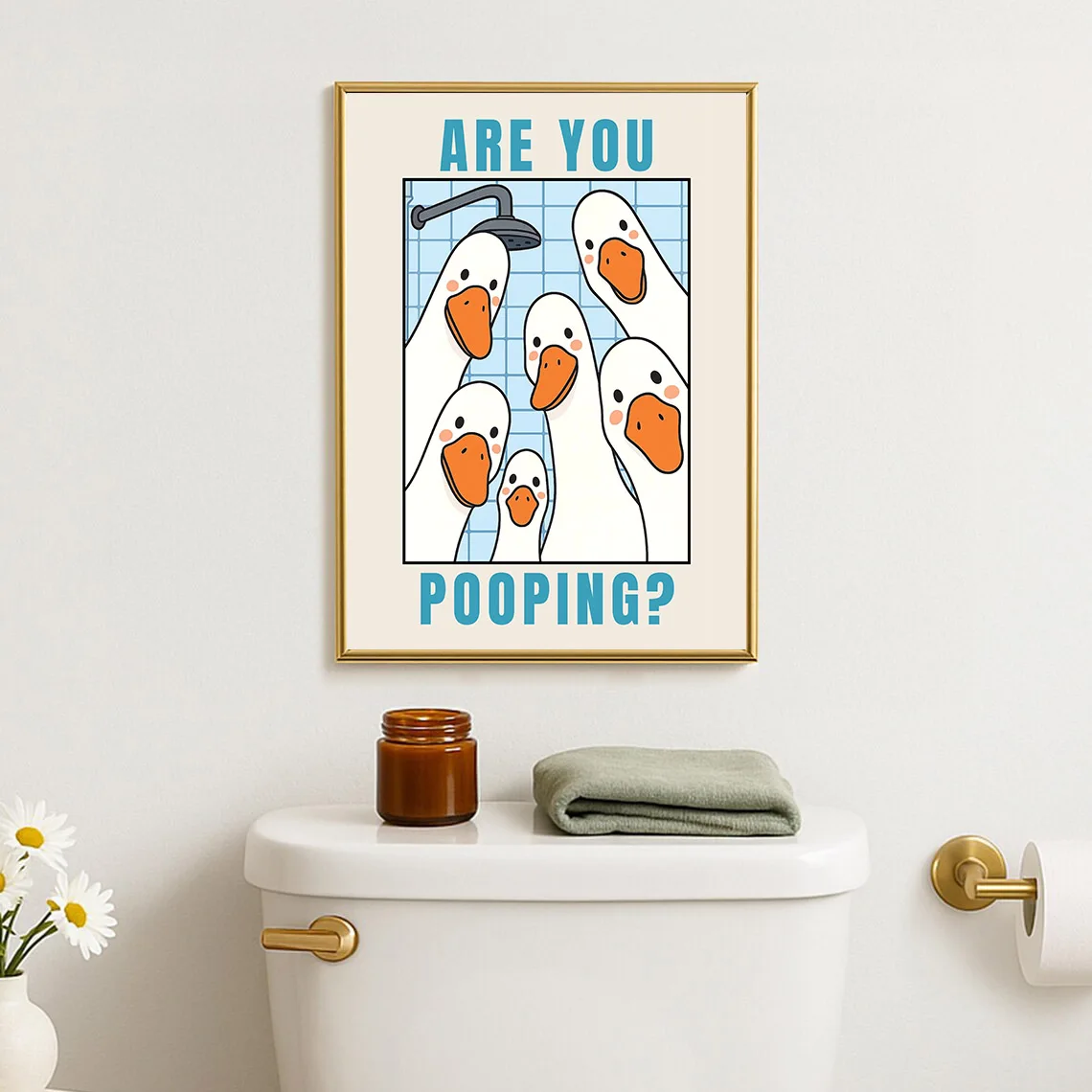 1pc Unframed Are You Pooping Funny Goose Bathroom Trendy Canvas Poster Cute Humor Animal Toilet Decor  Wall Art Print Minimalist