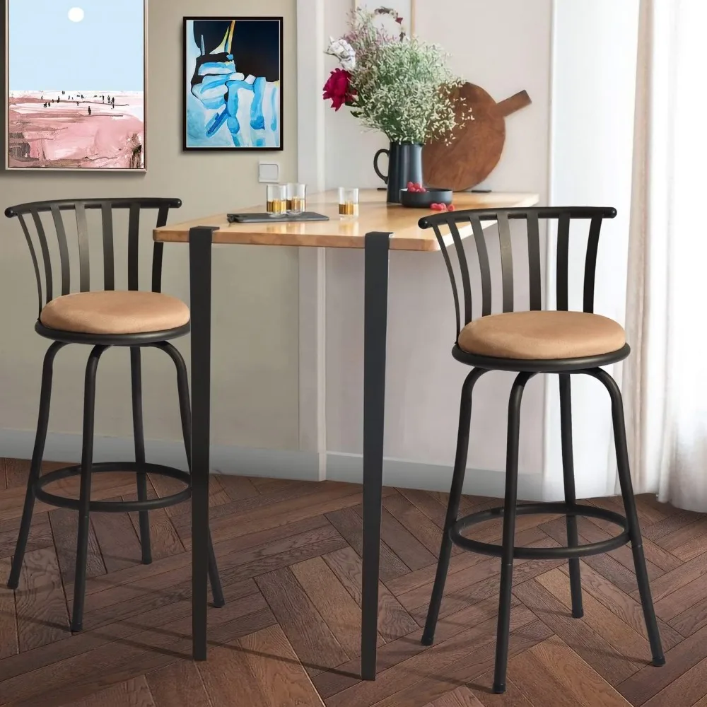 FurnitureR 24 INCH Country Style Industrial Counter Bar Stools Set of 2, Swivel Barstools with Metal Back, with Fabric Seat