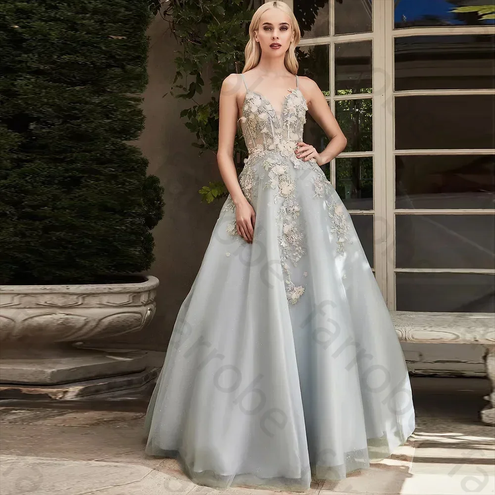 

Customized Sexy Organza Long Evening Dresses V-Neck Hand Made Flower Applique A-Line Floor Length Backless Formal Prom Party Gow