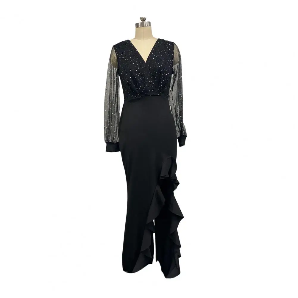 Slim Fit Hip-wrap Dress Sexy Slim Fit Dress Elegant Sequin Bodycon Maxi Dress with Mesh Detailing Glitter Sheer Long for Women