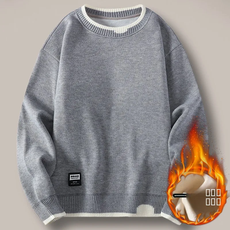 

Men's Knitted Fce Lined Thiened Winter Sweater Youth Student Sle Korean Trendy Base irt Casual Loose Fit round Ne