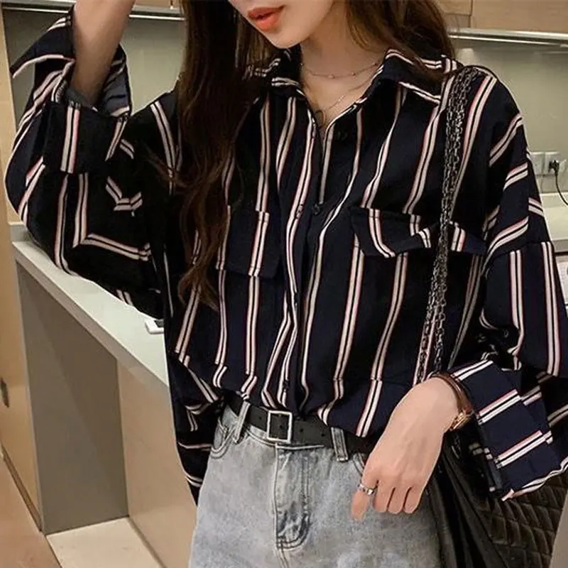 Korean Loose Casual Striped Blouse 2024 Spring Autumn Lapel Single-breasted Women\'s Clothing Commute Long Sleeve All-match Shirt