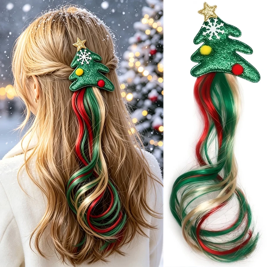 Christmas Tree Synthetic Curly Hair Extensions Star Snowflake Decor Hair Accessories For Girls Women Xmas Party