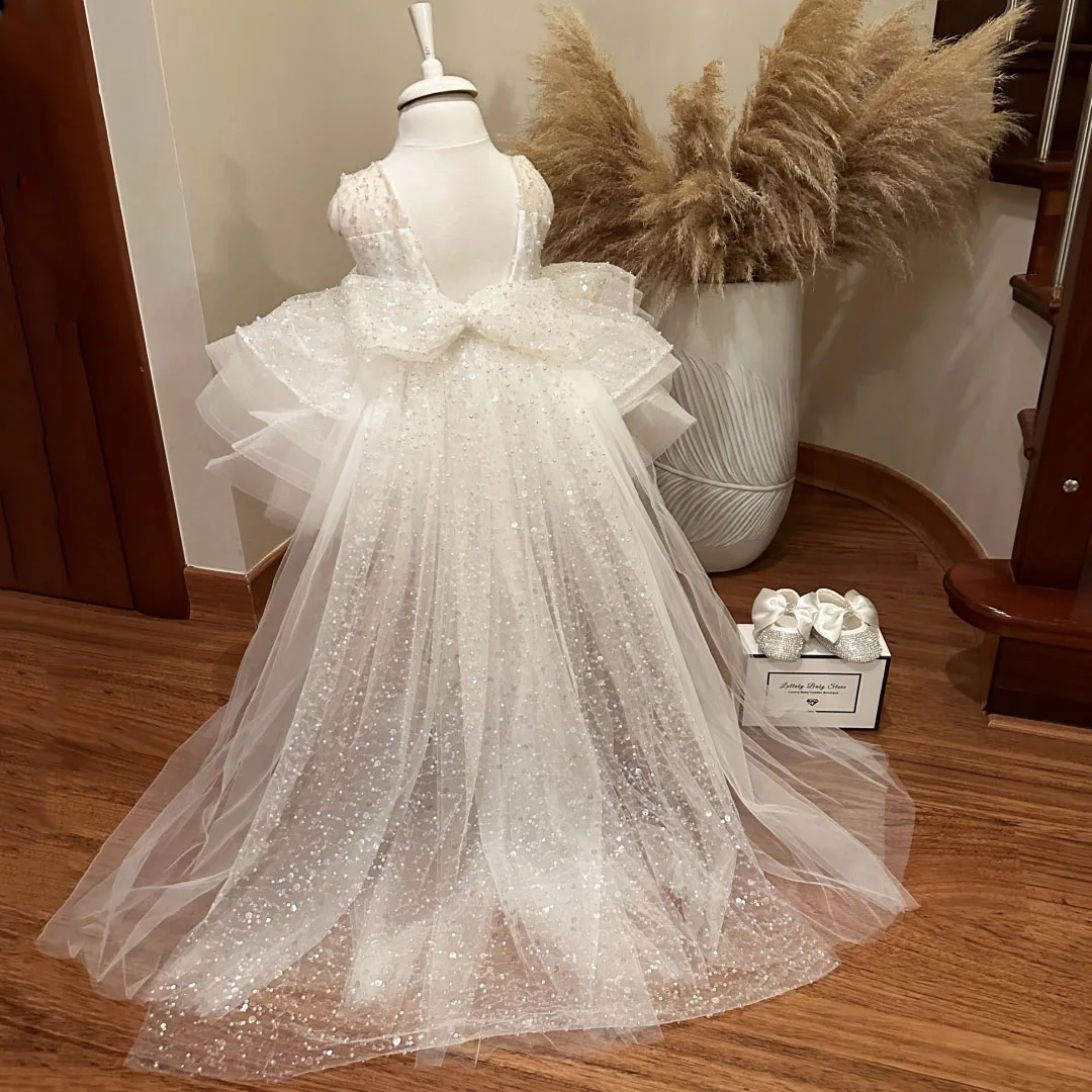 Customized Flower Girl Dress White Tulle Puffy Sequin With Bow And Trailing For Wedding Birthday Party Prom Banquet Ball Gown