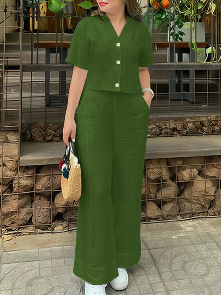 2025 ZANZEA الصيف بانت مجموعات موضة 2 قطعة ملابس النساء قصيرة الأكمام التلبيب قميص بنطلون الدعاوى عادية الصلبة العمل OL رياضية