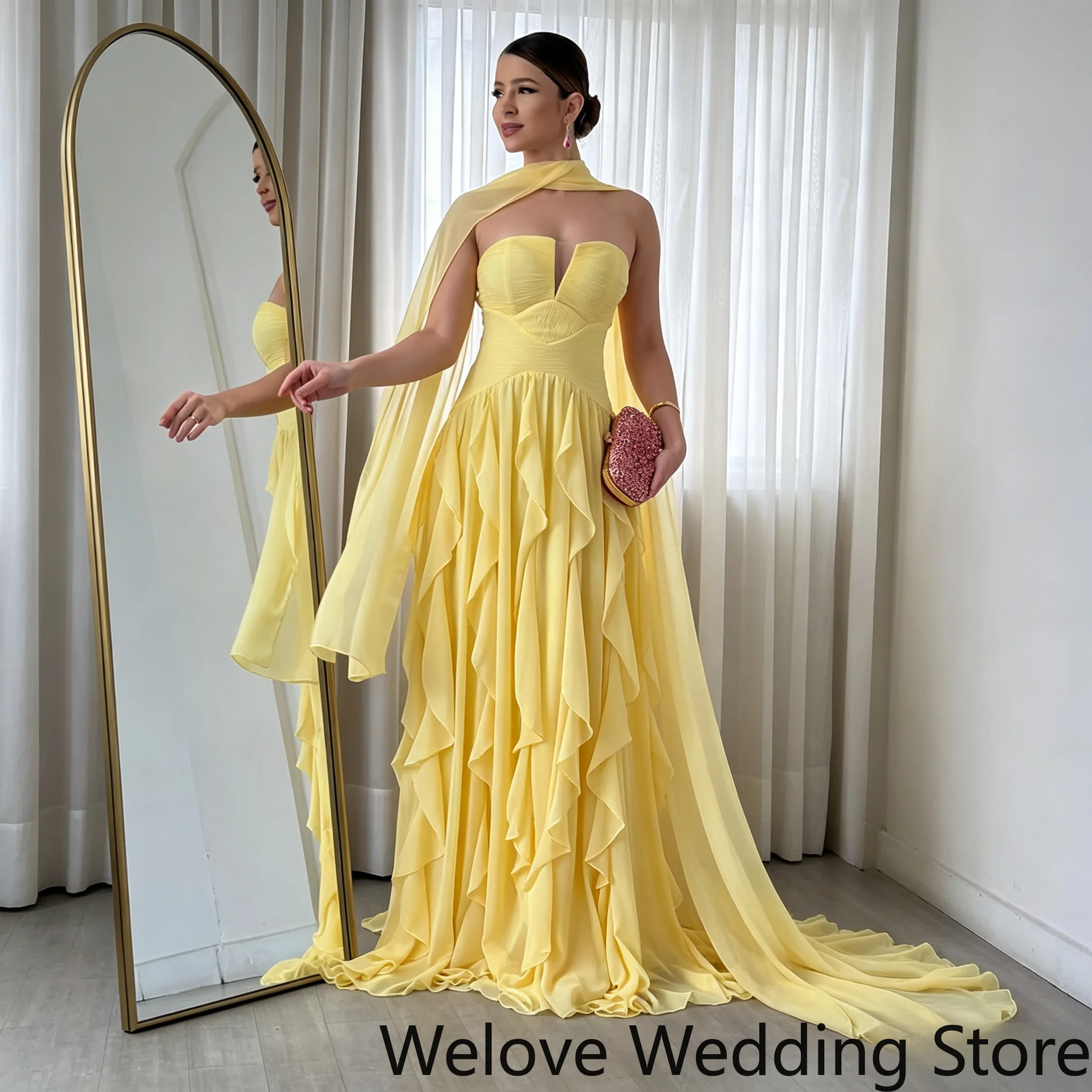 Customized Bright Lemon Yellow Formal Evening Dress Strapless Front Keyhole Boned Corset Bodice Cascading Ruffle