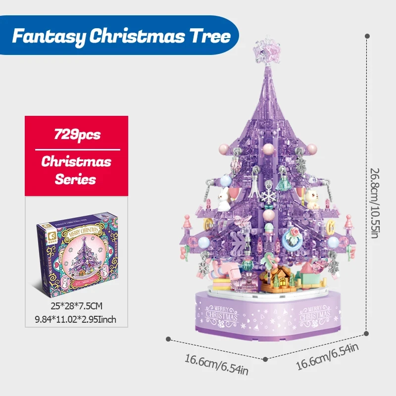 SEMBO-construcción del árbol de Navidad para niños, 729 piezas, cristal púrpura, ensamblaje de modelos, bloques de construcción, luces, caja de música, decoración del hogar, regalos para niñas, juguete