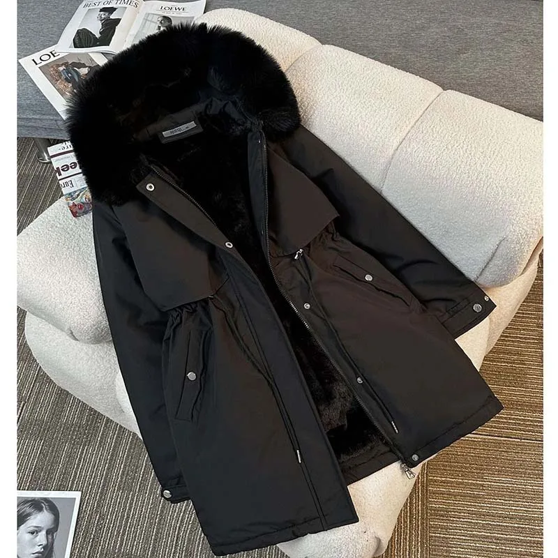 2026 New Parkas Women Coats Long Coat Thick Warm Hooded Drawstring Jackets Splice Zipper Tight Waist Jacket Autumn Winter