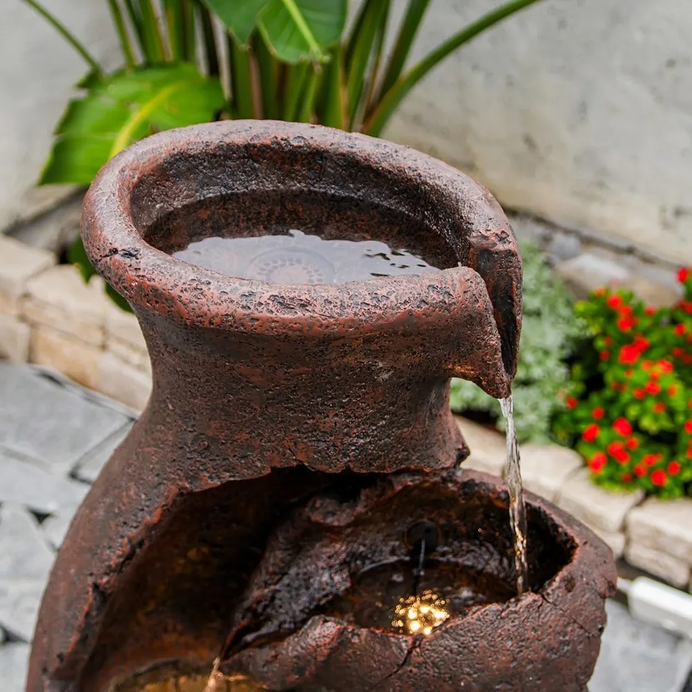 نافورة مياه برميلية كلاسيكية داخلية 6 طبقات شلال متتالي ميزة مياه 43.31 بوصة ارتفاع ديكور نافورة الحديقة في الهواء الطلق مع LED L