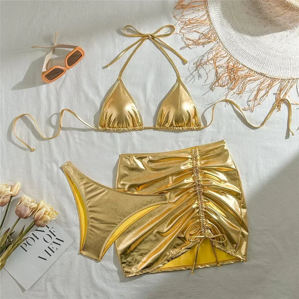 Gold Micro Thong String 3 Piece Bikini Set Damen Halter Swimwear Skirts Cover Ups Sexy Swimsuit Women 2025 Bathing Suit Bikinis