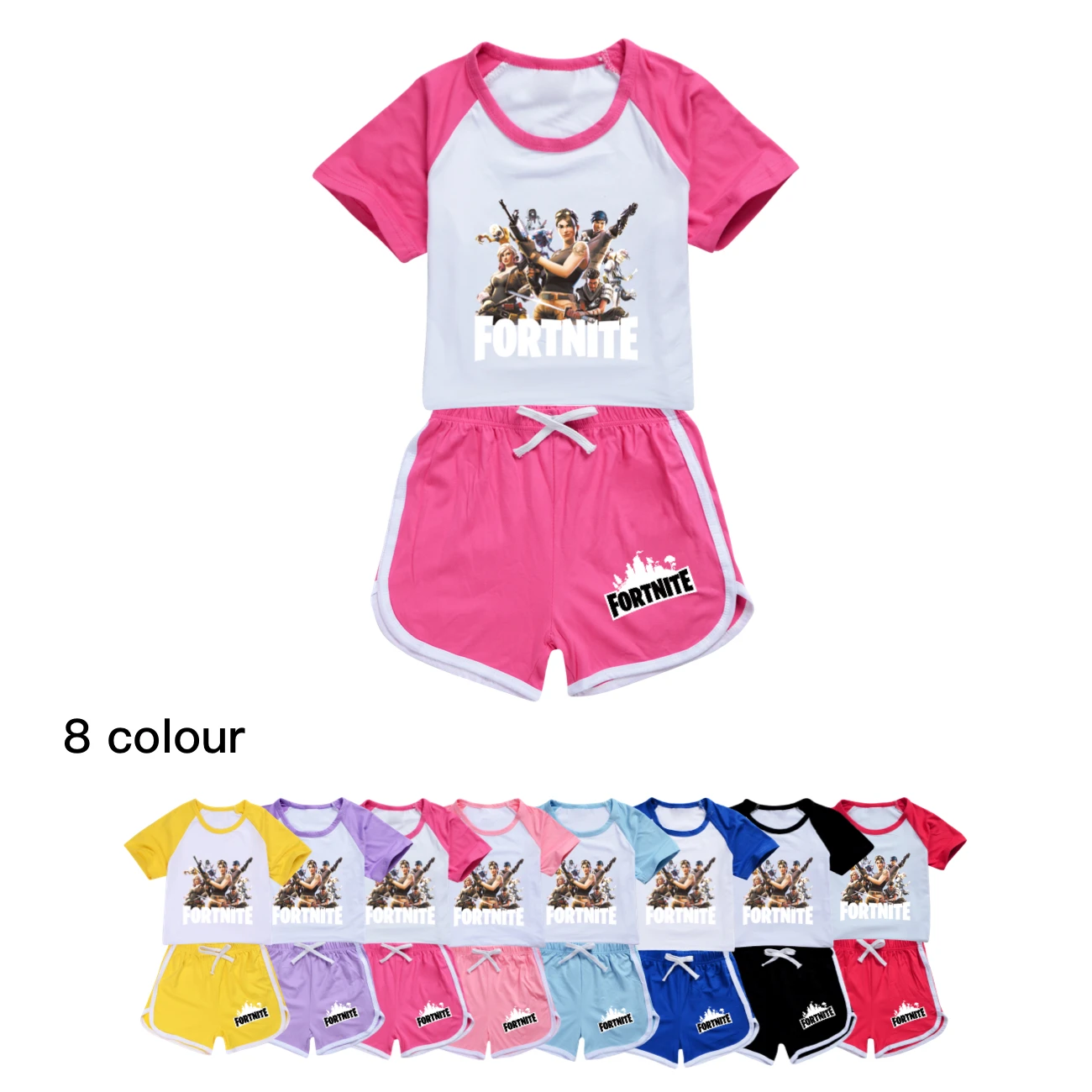 Nueva ropa para niños pequeños de Fortnite, pijamas de verano, camiseta de manga corta de algodón + pantalones cortos, conjunto de ropa deportiva informal para niñas 980