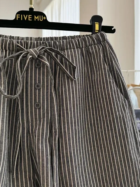 Zomer Pantalones Cortos De Mujer Casual Gestreepte Rechte Shorts Voor Vrouwen 2025, Nieuwe Bodems Bandage Mode Wijde Pijpen Broek