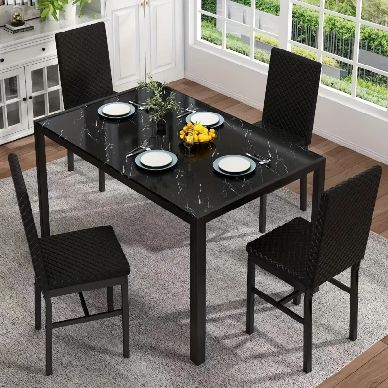 Modern Luxury Style 5 dining table set suit, desktop with frosted glass 、 metal frame and imitation leather sofa dining chair