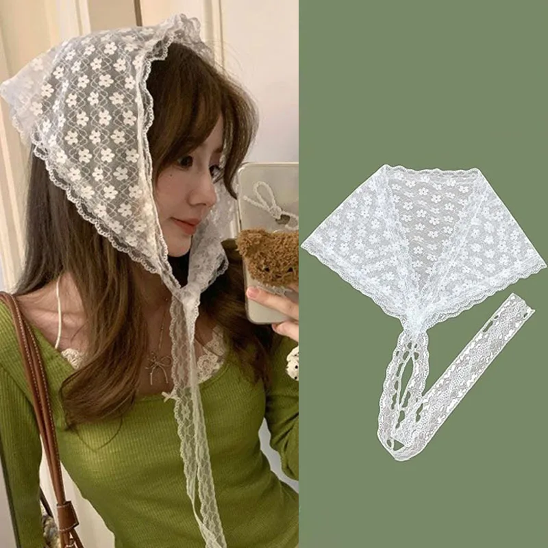 

Кружевной цветочный треугольный шарф для волос для женщин и девочек, милый модный шарф для волос, повязка на голову, корейский французский пасторальный головной убор, летние головные уборы