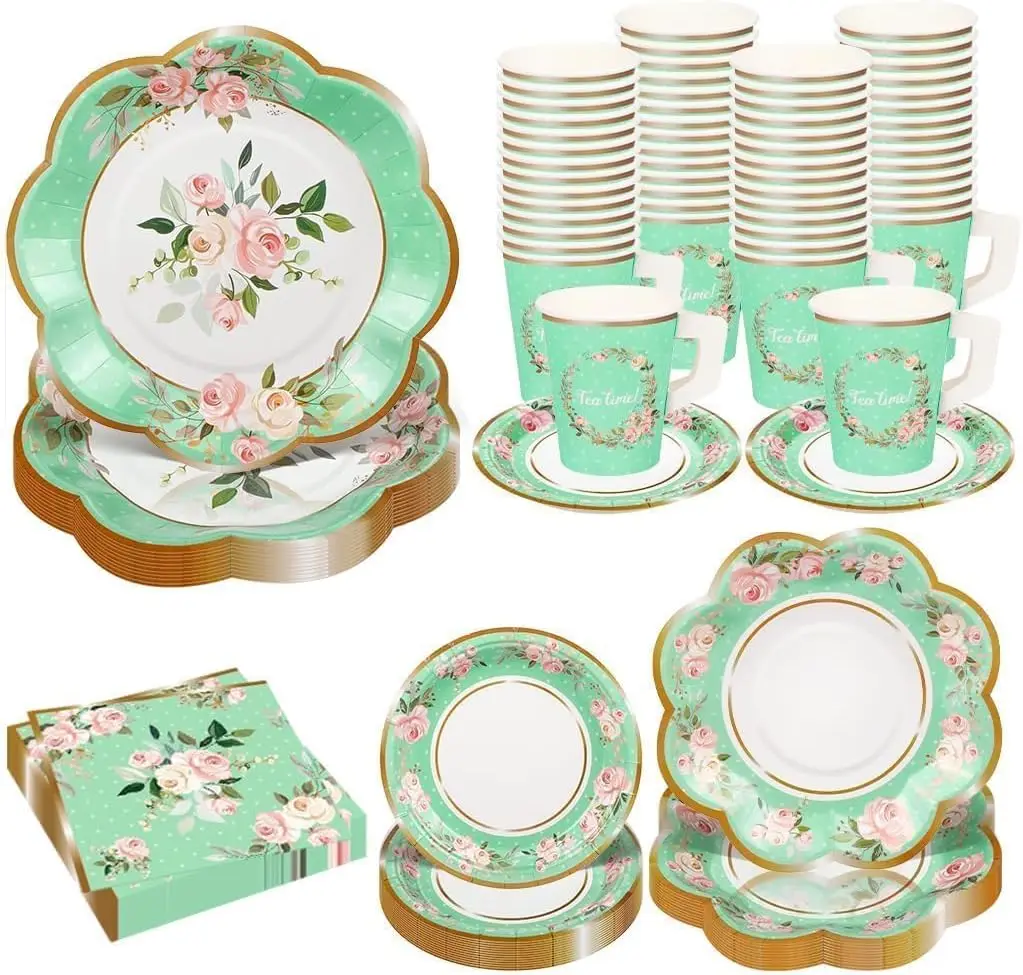 136Pcs Floral Tea Party Supplies for 25 Floral Tea Cups with Handle 9” 7” Tea Paper Plates Disposable Flower Cups and
