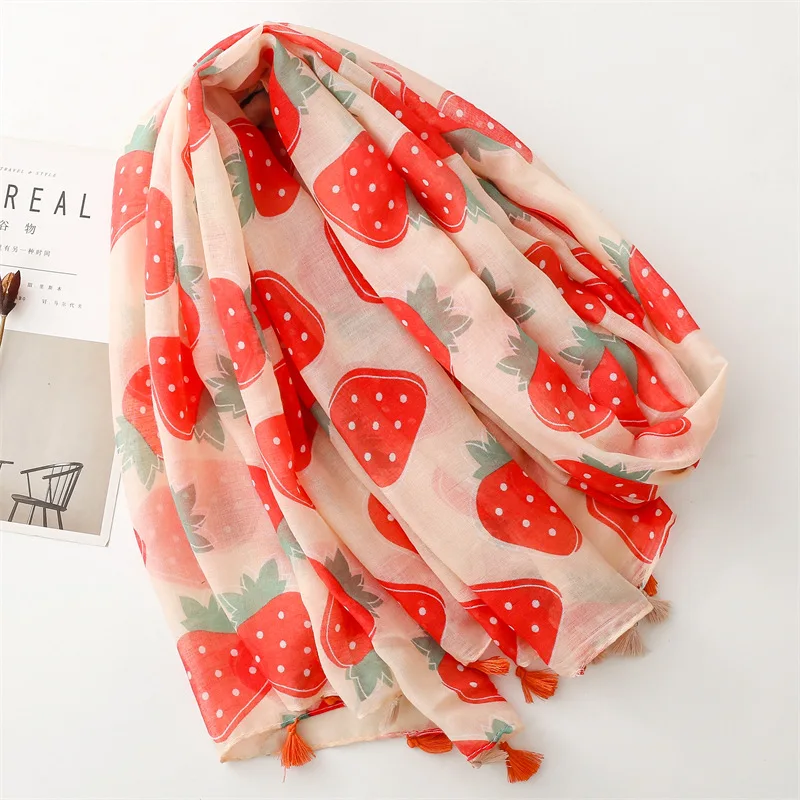 2024 new summer fresh cartoon clothing with cotton feel scarf strawberry scarf thin travel sunscreen shawl 88x180cm