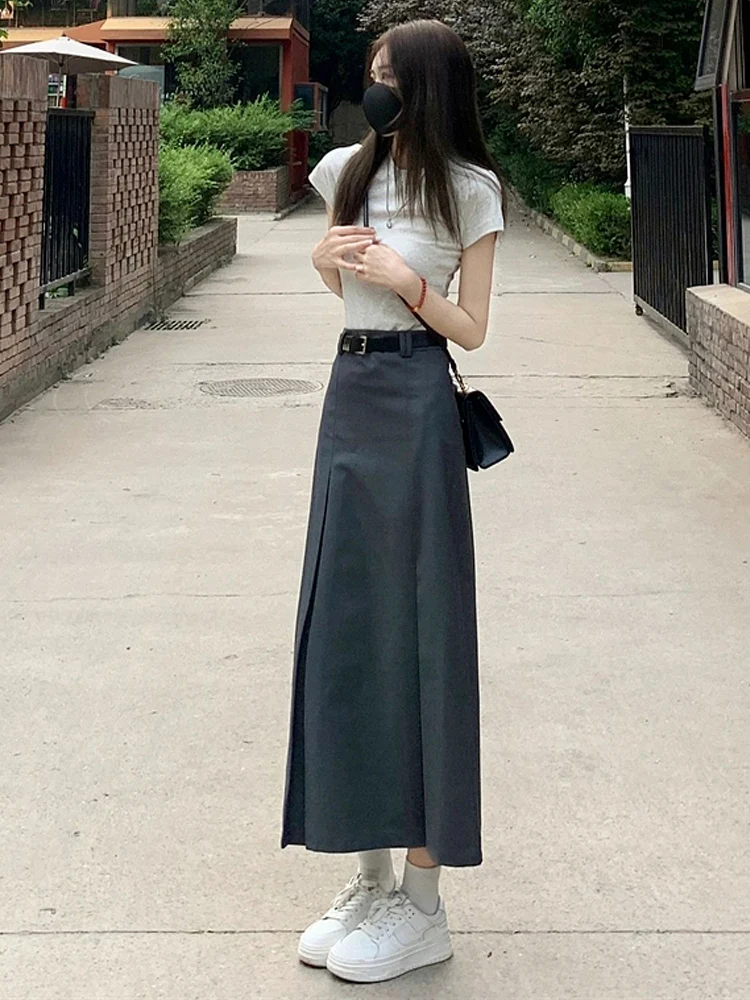 

Ay, костюм-юбка-миди трапециевидной формы, женский утягивающий костюм с высокой талией, универсальная плиссированная длина, корейская длинная юбка чистого цвета