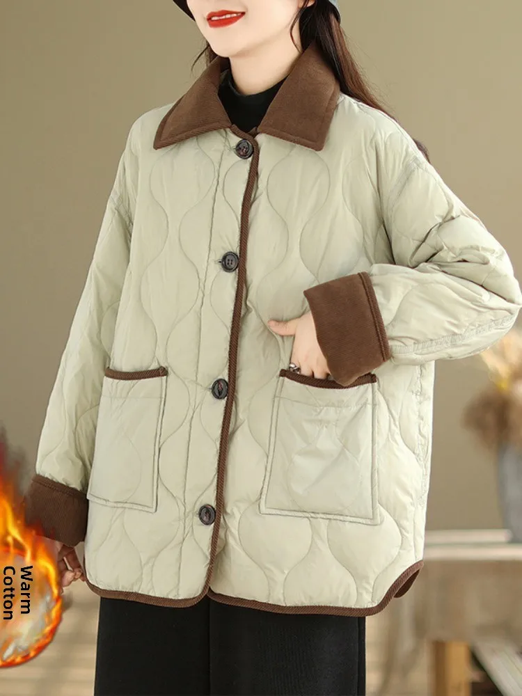 

Faionable Color Blo Cotton Jaet Женская легкая теплая прошитая верхняя одежда с отложным воротником на пуговицах