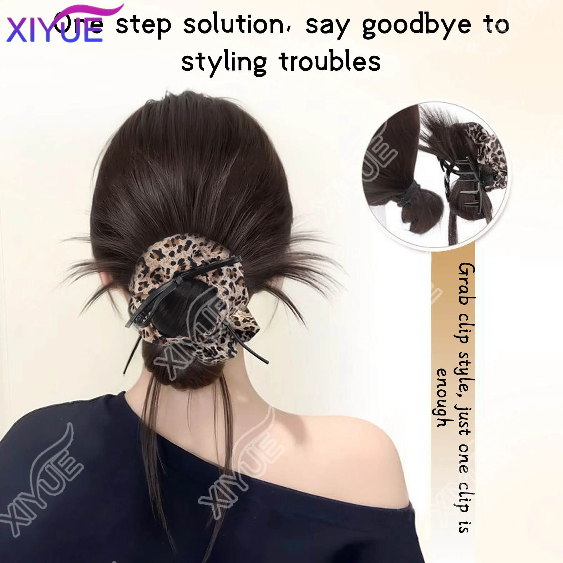 Xiyue coque de cabelo sintético, clipe de garra, estampa de leopardo com laço de cabelo, peruca, laço, estampa de leopardo, pena de frango, bigode de dragão