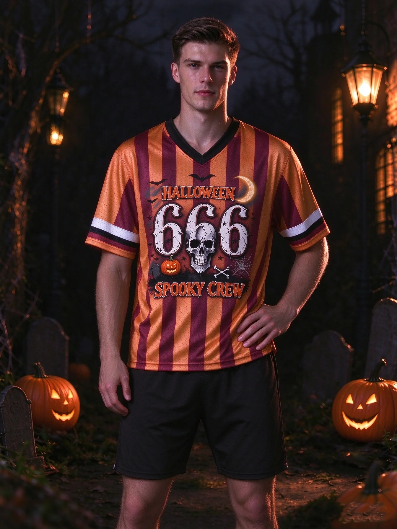 2026 New Halloween SPOOKY CREW Skull 666 Print Striped V Neck Mesh Jersey, Men Loose Short Sleeve Football Tees