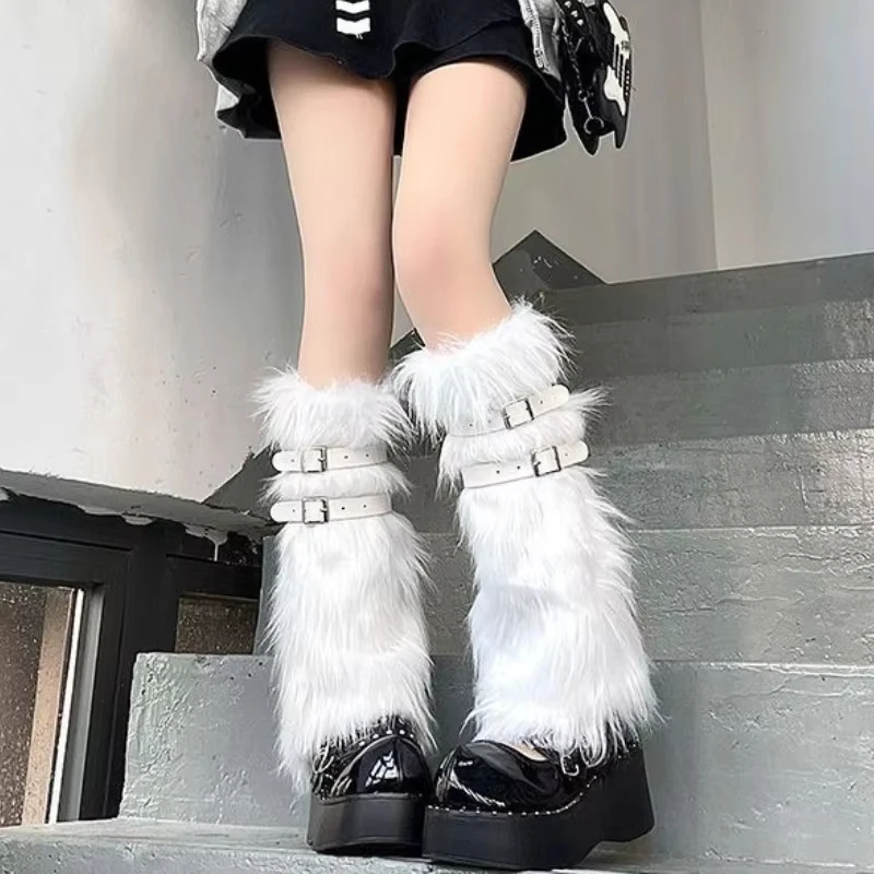 Furry Leg Warmers Women Sweet Lolita Leather-Buckle Plush Leg Covers Y2k Hottie Subculture JK Long Socks Punk Gothic Foot Covers image 5