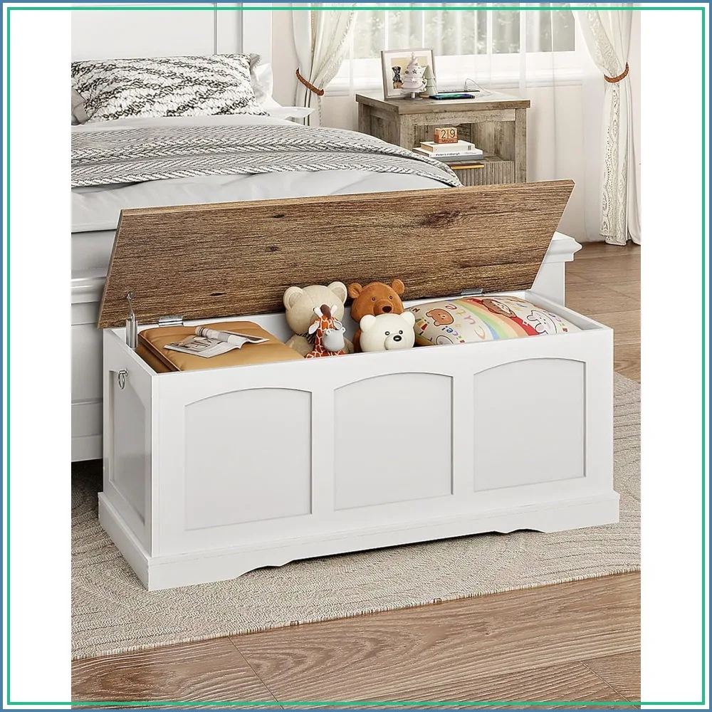 

39.4" Storage Chest Bench with Lift Lid, Safety Hinge, Entryway Shoe Bench, Wooden Storage Trunk, 220 lb Capacity, for Living Room, Bedroom, Hall, White and Walnut