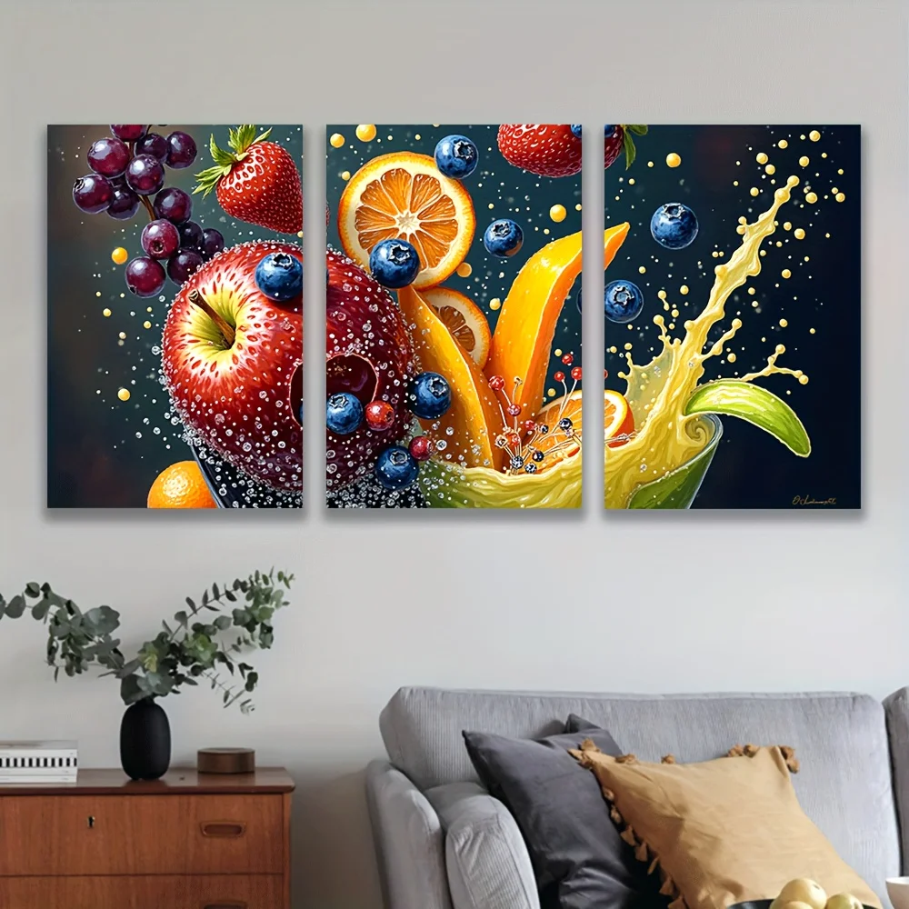 2D Flat, 2D Flat, 2D Flat Vibrant Juice Splash Floral And Multicolor Berries Citrus Frameless Canvas Art Painting, Festive De