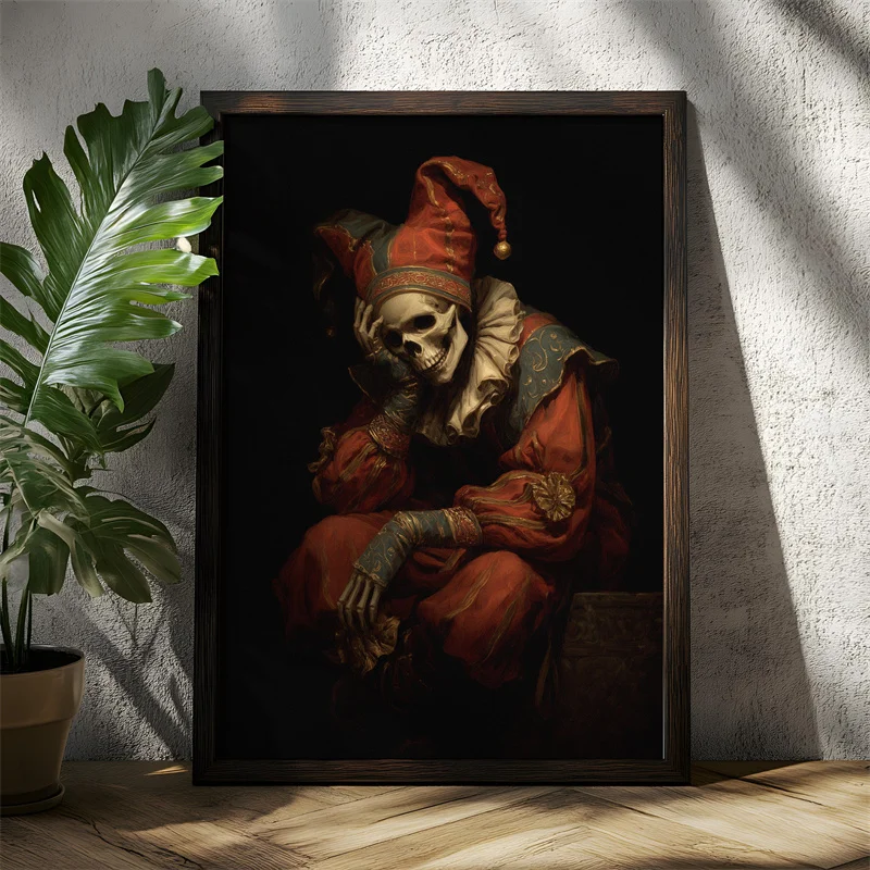 Skeleton in Red Clown Suit Skull Poster Canvas Painting Print Portrait Wall Art Picture for Living Room Halloween Home Decor