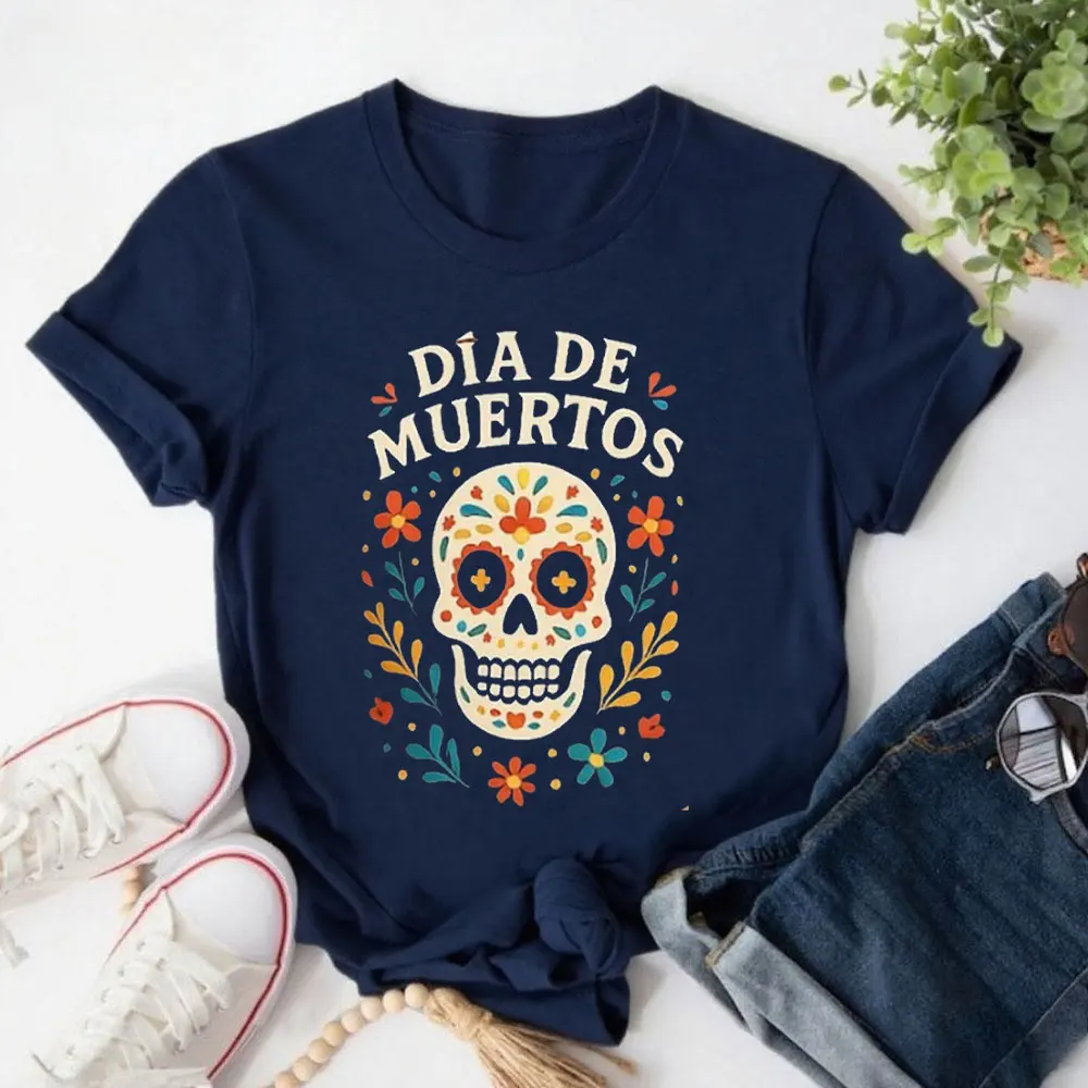 유니섹스 데이 오브 더 데드 티셔츠 정통 멕시코 티셔츠 컬러풀한 해골 프린트 축제용 멕시코 의류 O넥 고품질 면
