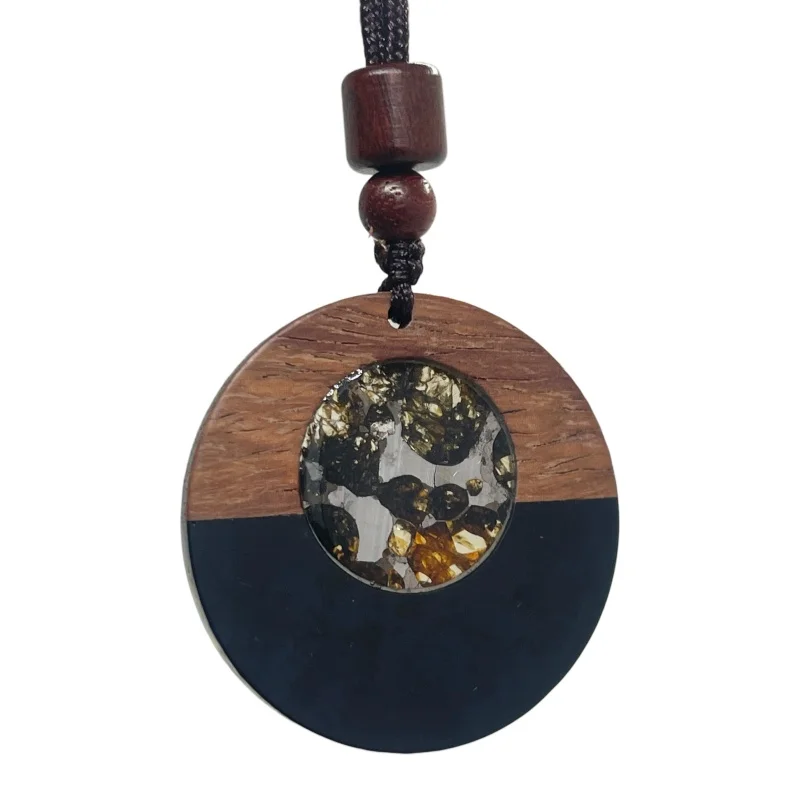 Sericho Meteorite Slice Pendant Natural Olivine Inclusions  Wooden Frame Accessory LK448