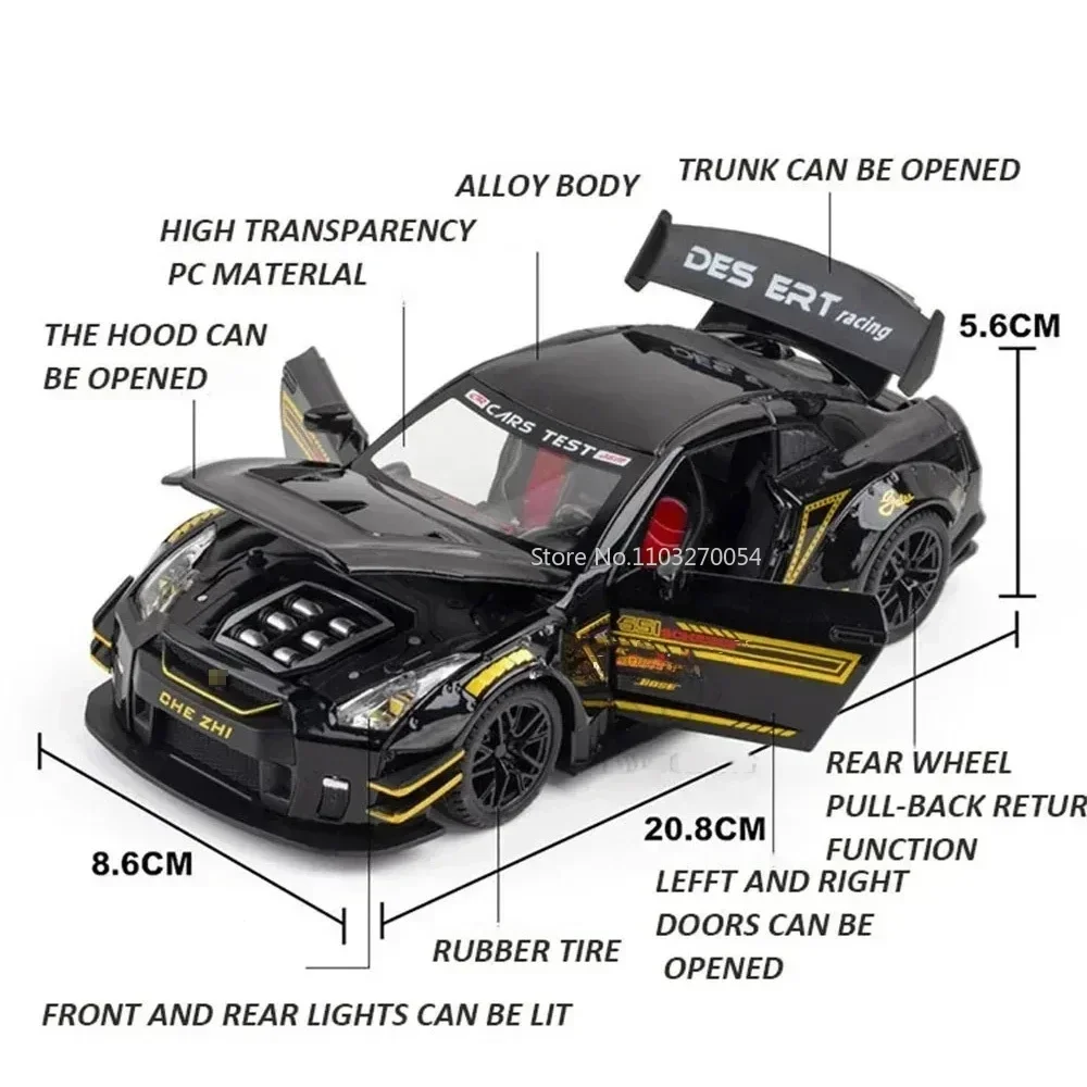 1:24 GTR R34 Modello in miniatura Pressofuso in lega Auto giocattolo 4 porte aperte Suono Luce Tirare indietro Ruota anteriore Sterzo Veicolo per il regalo del ragazzo