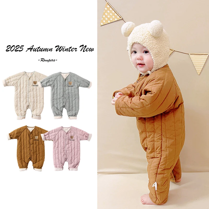 

2025 Winter New Baby Clothing Exquisite Little Bear Embroidery Thickened Jumpsuit Temperature Controlled Guardian Baby Rompers
