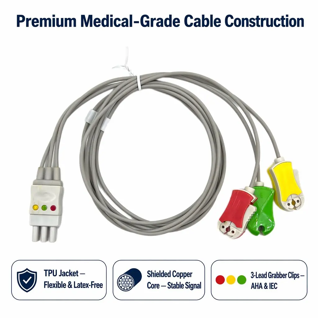 ECG Cable 3-Lead Clip Type AHA IEC - Adult TPU - Model ZE0063