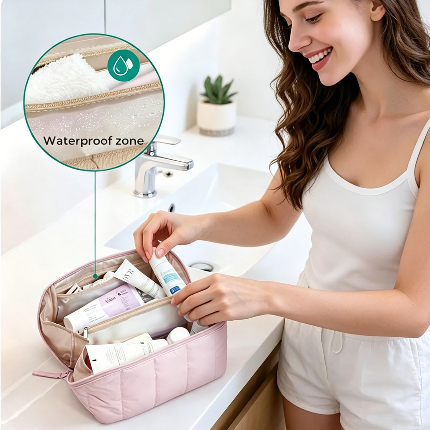 Checkered Makeup Bag for Women, Travel Lightweight Plaid Toiletry Bag, Portable Waterproof Cosmetic Case, Open Flat Organizer Pouch