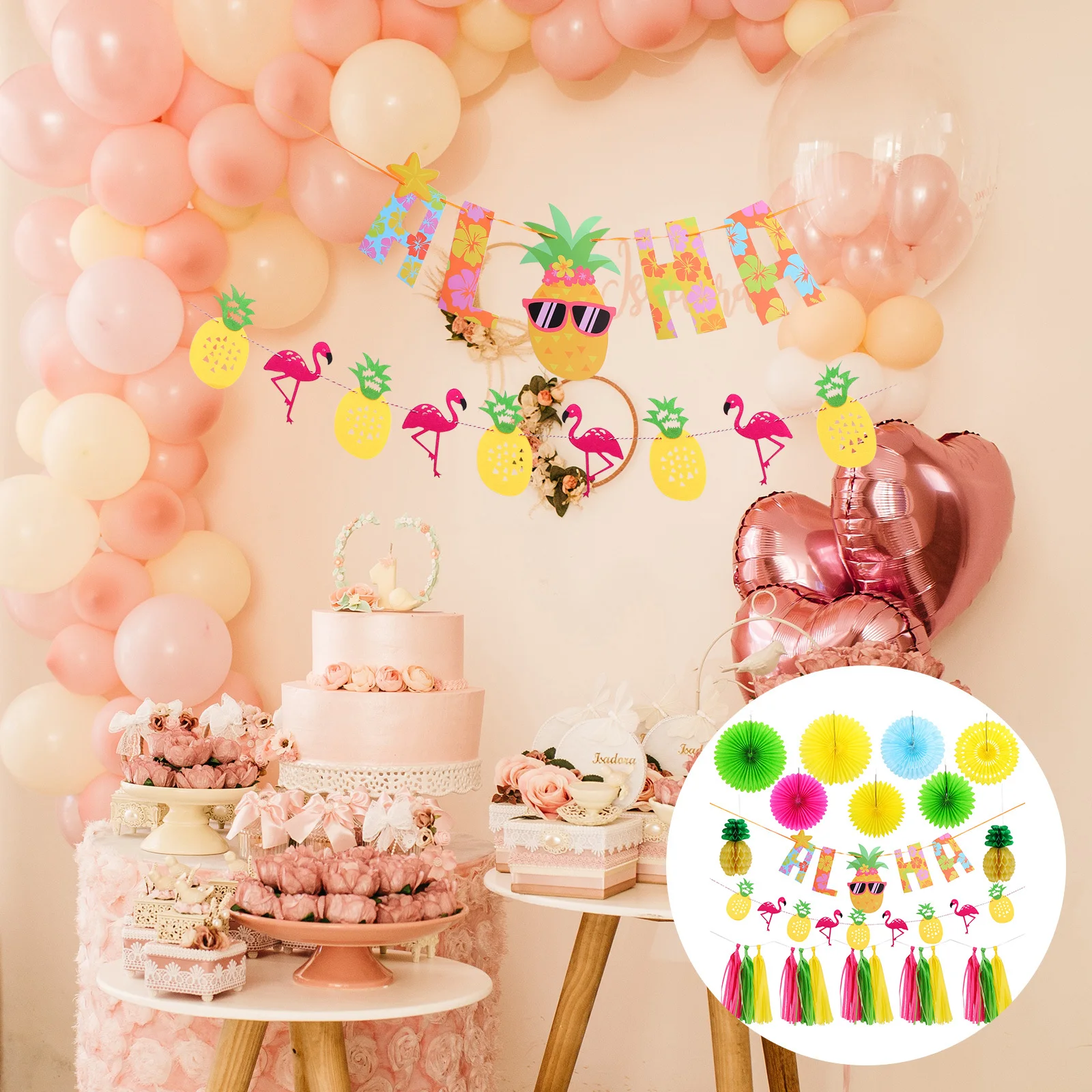 

1Set Flamingo Pineapple Banner Hawaiian Party Decor Durable Reusable Paper Fans Honeycomb Ball Tropical Summer Decorations