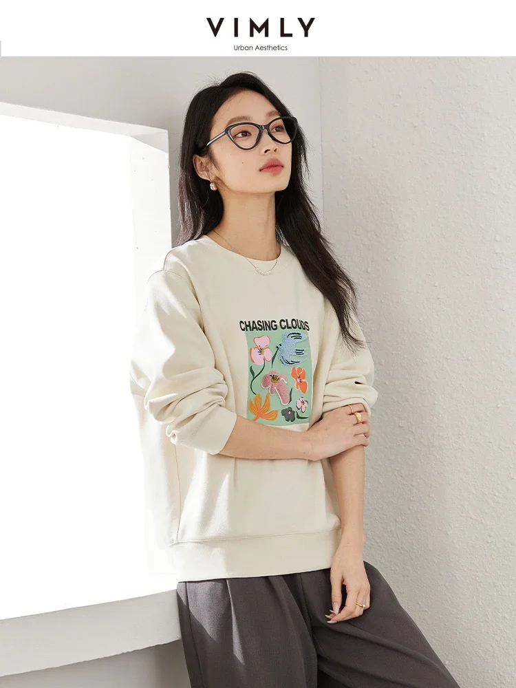 VIMLY Women Casual Simple Sweatshirts 2025 Spring Watercolor  Boho Graphic Flower Printed Pullover Long Sleeve Commuter TopA0500