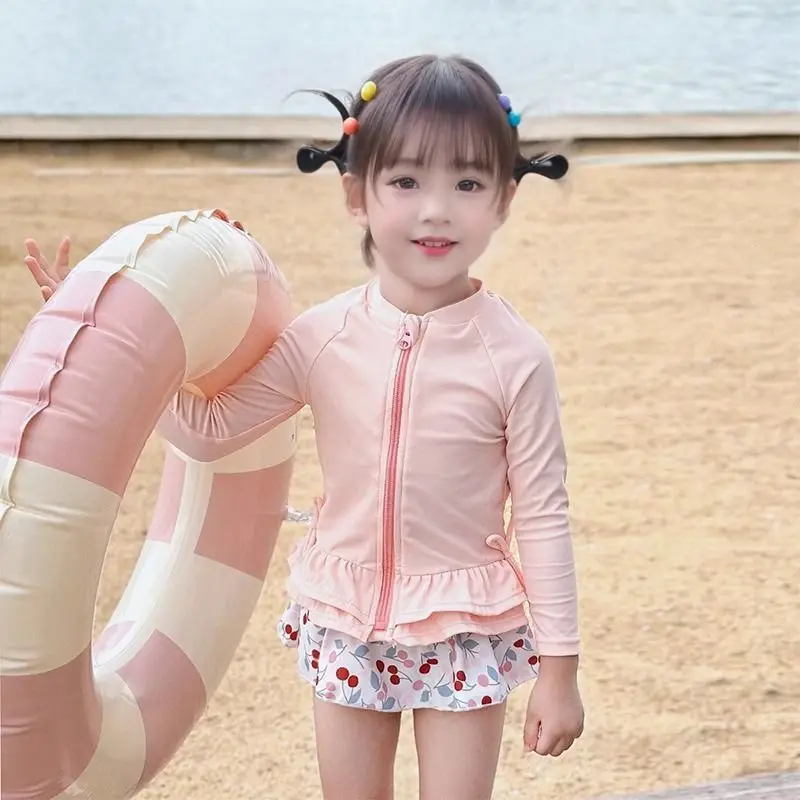 Summer Long Sleeve Sun Protection Swimwear Kids Girl's Quick Drying Swimsuit Beachwear Built-in Shorts Swimming Skirt Swim Cap