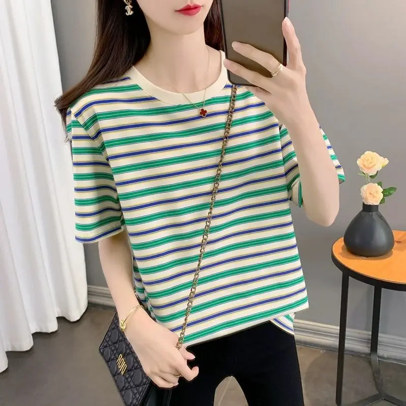 

American Retro Short Sleeve T-shirt Summer Stylish Contrasting Colors Striped Women's Clothing Casual Spliced O-Neck Pullovers