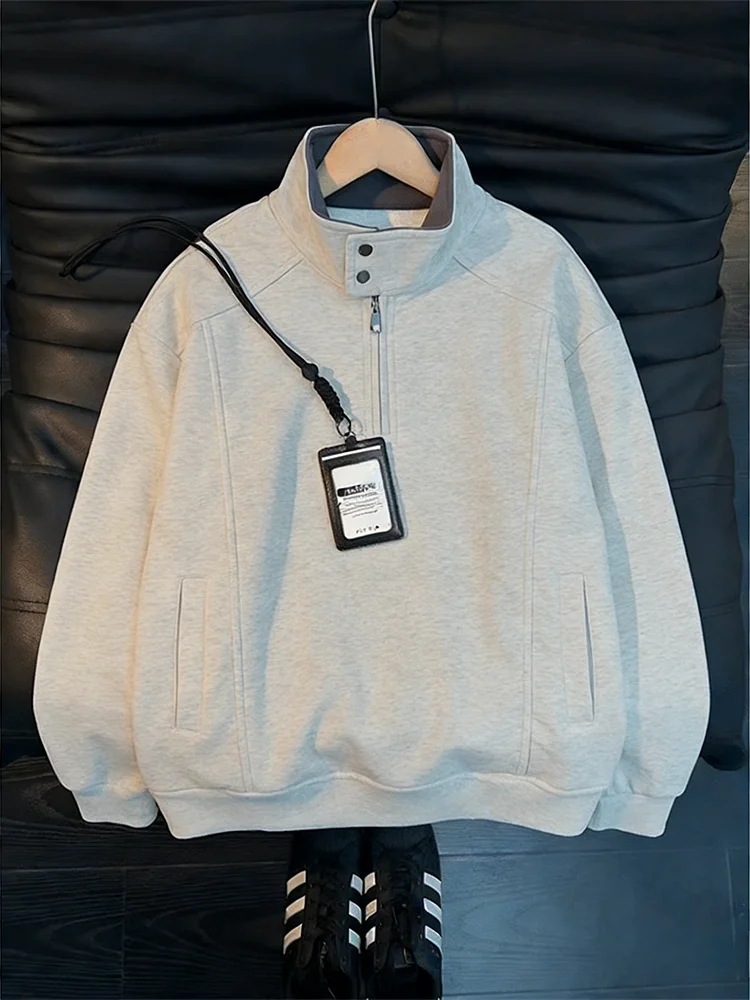 

American Sle Zipper f High Collar Men's Spring Autumn Boxy Fit Hard Cleanfit Jaet Casual Loose Long Sve Cotton Poly...