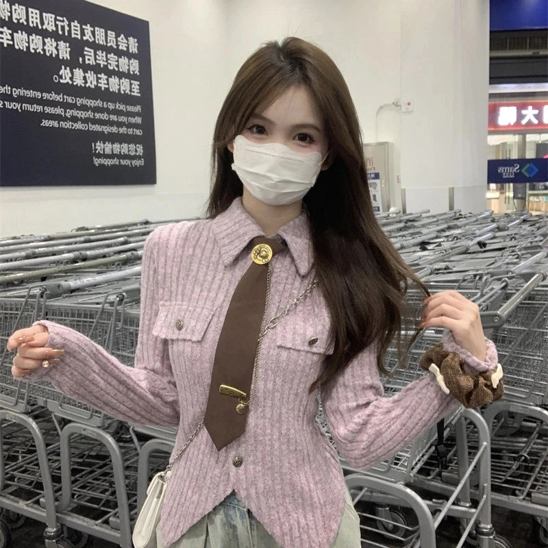 غير النظامية طويلة الأكمام الرقبة الكورية بلوزات قصيرة ربيع الخريف جديد الصلبة شارع العليا تي شيرت موضة ملابس النساء غير رسمية