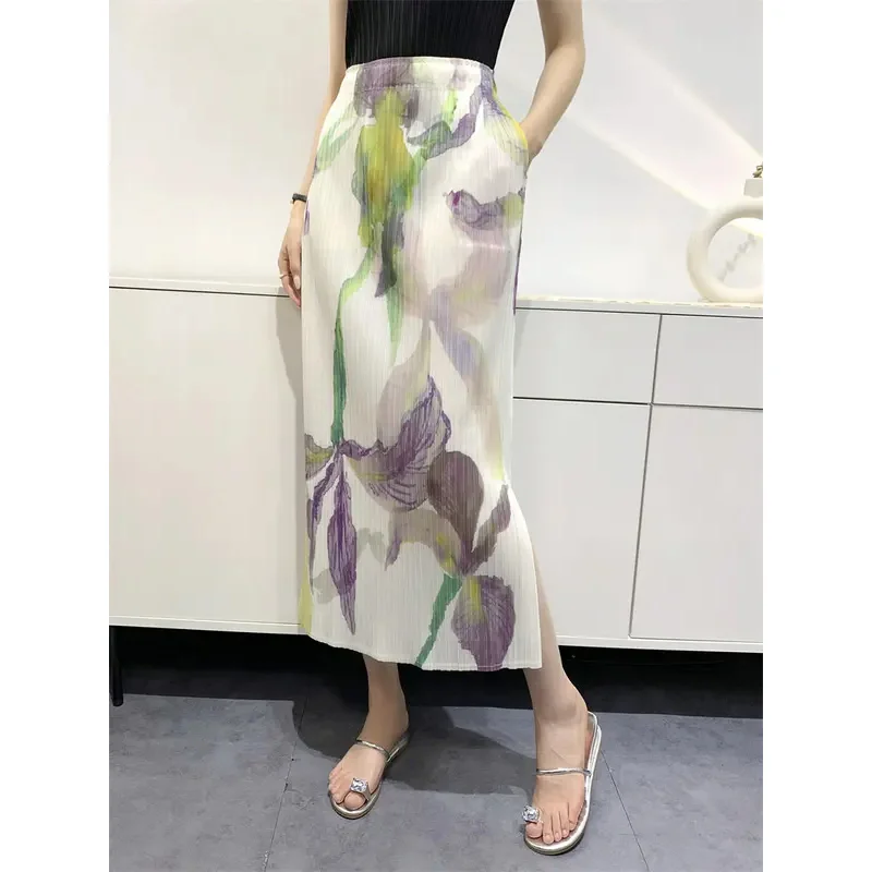 Miyake Women's Mid-length 2024 Summer Pleated High Waist Skinny Open Pleated Skirt Fashion Women