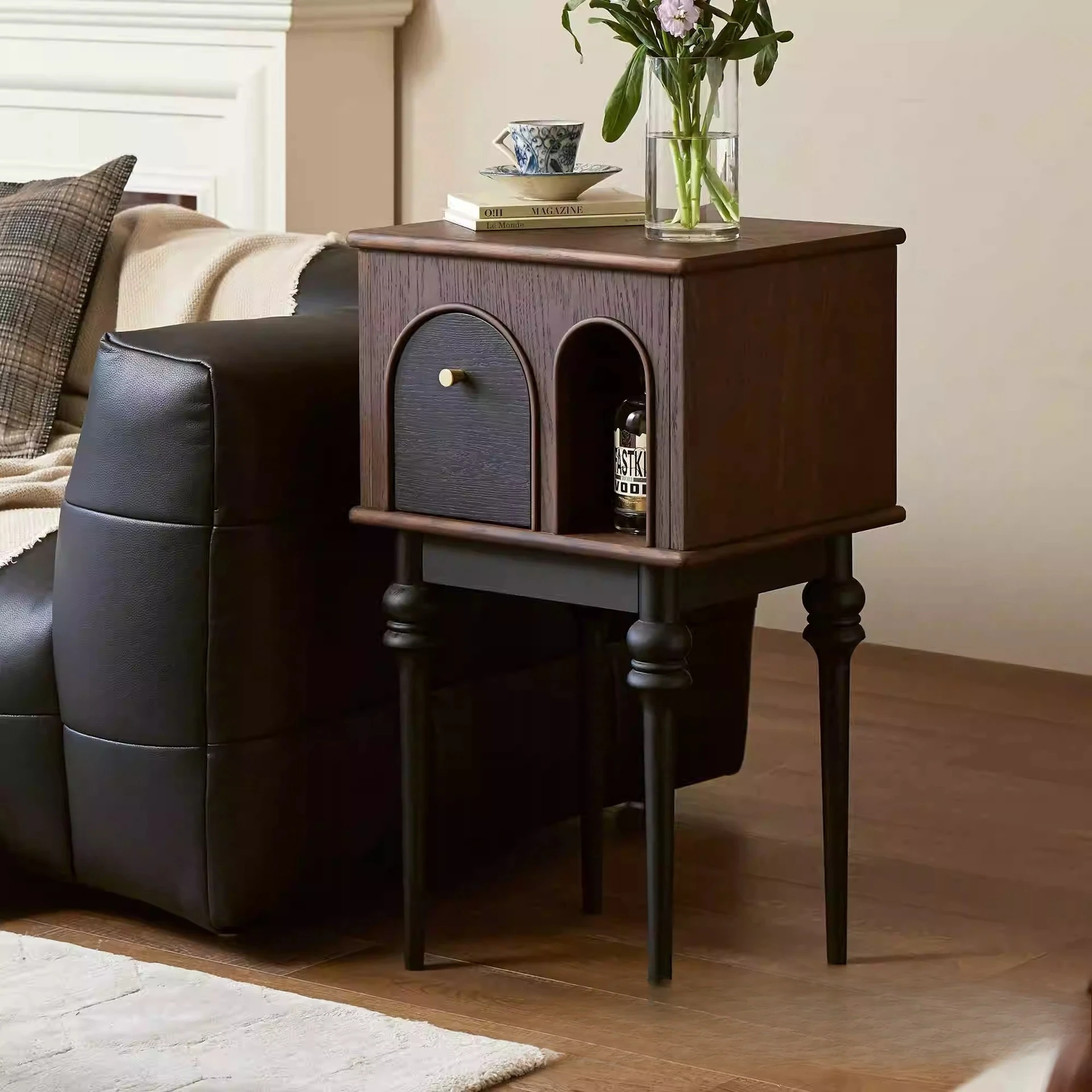 

Pure solid wood bedside table small apartment living room bedroom household antique black sofa side cabinet