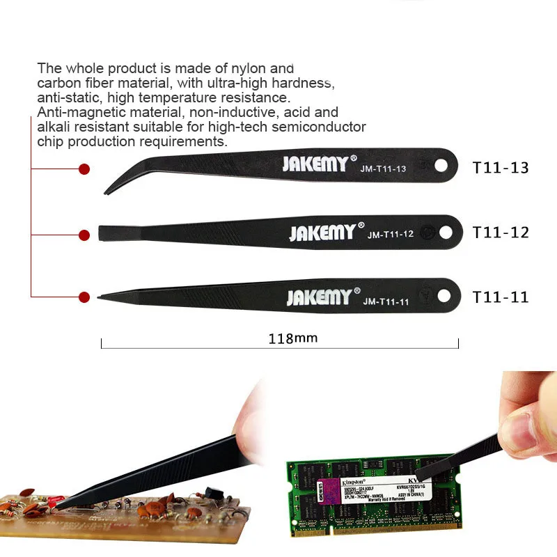 JAKEMY JM-T11 3 in 1 Anti-static Tweezers Set for Mobile Phone Laptop Repair Heat Resistant PCB Repair Curved Pointed Tweezers