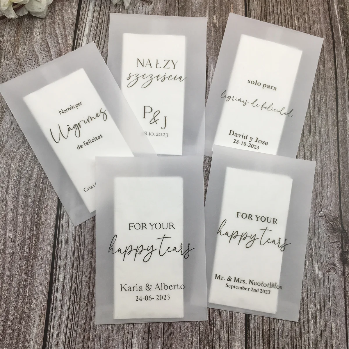 50 Happy Tears Wedding Tissues Packets 100% Biodegradable Glassine - Pre Filled Wedding Tissue Bag Personalised Wedding Confetti