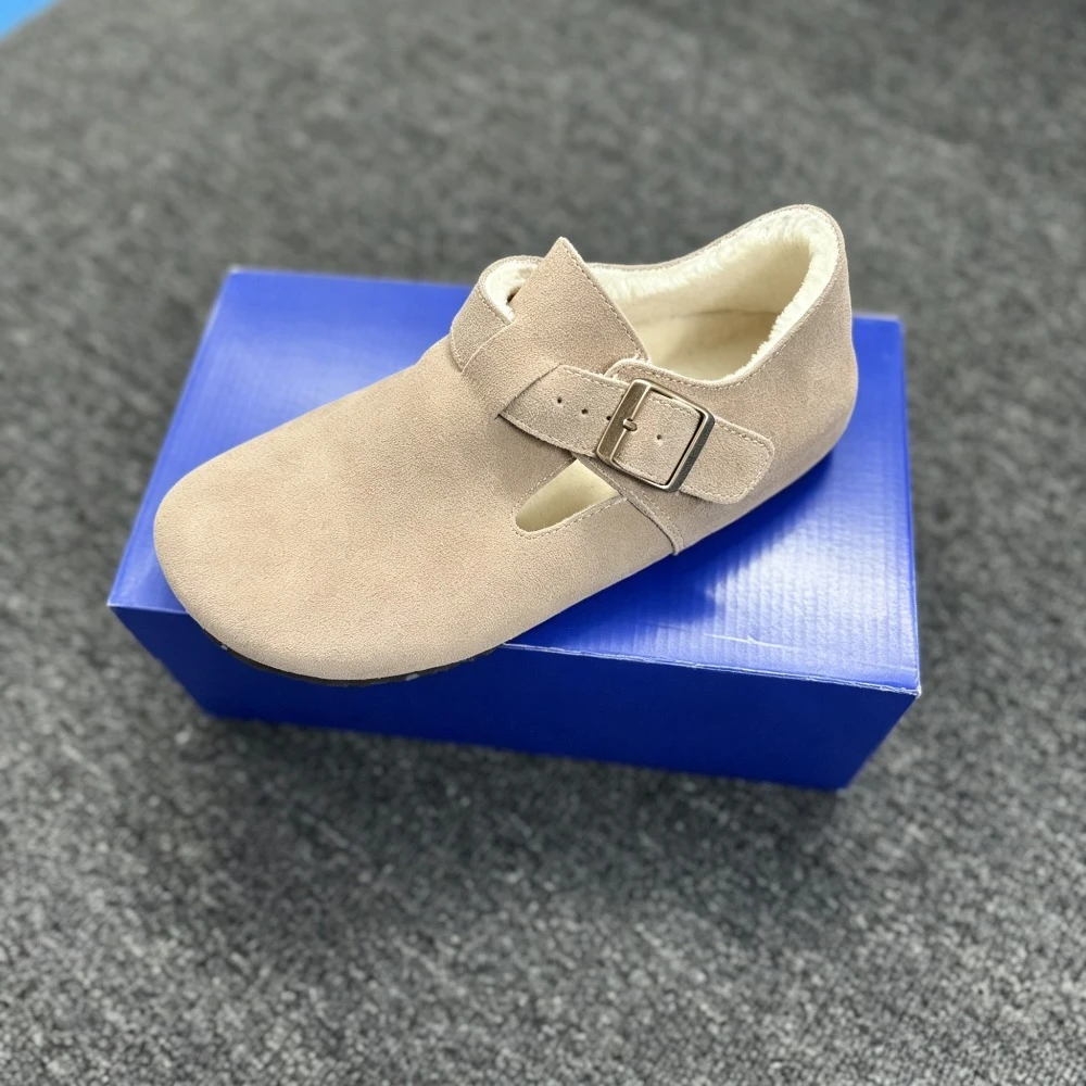 Women Winter Full Coverage Closed Toe Shoes, Real Suede Shearling Lined, Cork Footbed, Hidden Height Thick Sole Loafers